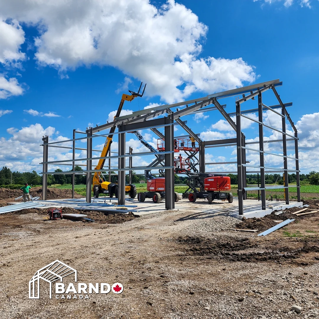 Steel building erection crew working